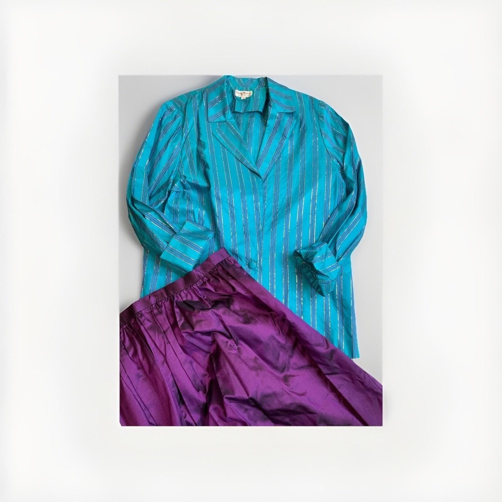 Siam Malee 100% Silk Blazer Skirt Set Size M Hand Made Vintage Rare Purple Blue